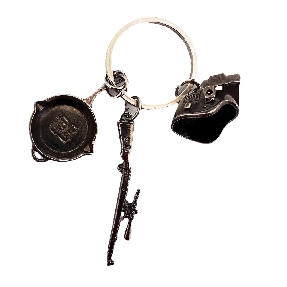 Lot of 3 Vintage Charms Helmet Gun Pan Bronze Tone Pendant PUBG Keychain Metal - Picture 2 of 10